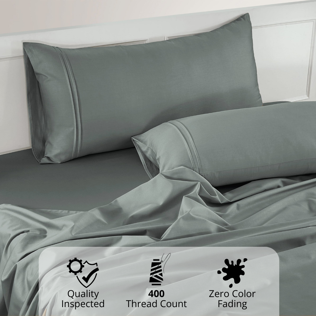 Plain Cotton Satin 400 TC Fitted Bedsheet with Pillow Covers - Steel Grey