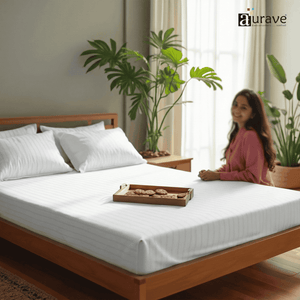 Pinstripe Cotton Satin 400 TC Fitted Bedsheet with Pillow Covers - White