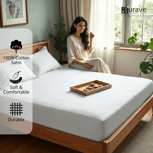 Pinstripe Cotton Satin 400 TC Fitted Bedsheet with Pillow Covers - White
