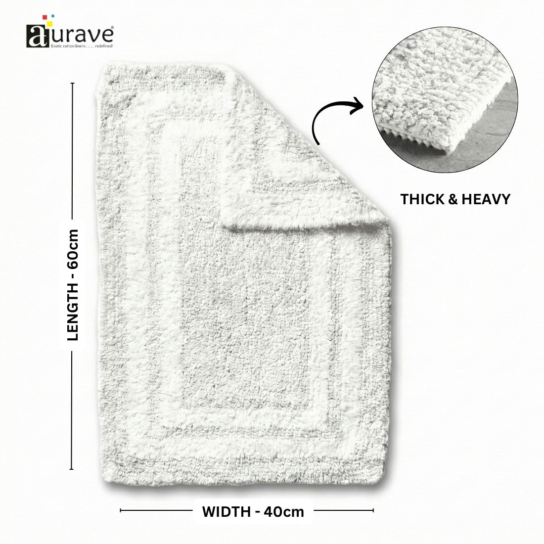 AURAVE Luxury Reversible Cotton Bathmat, White with measurements and texture detail