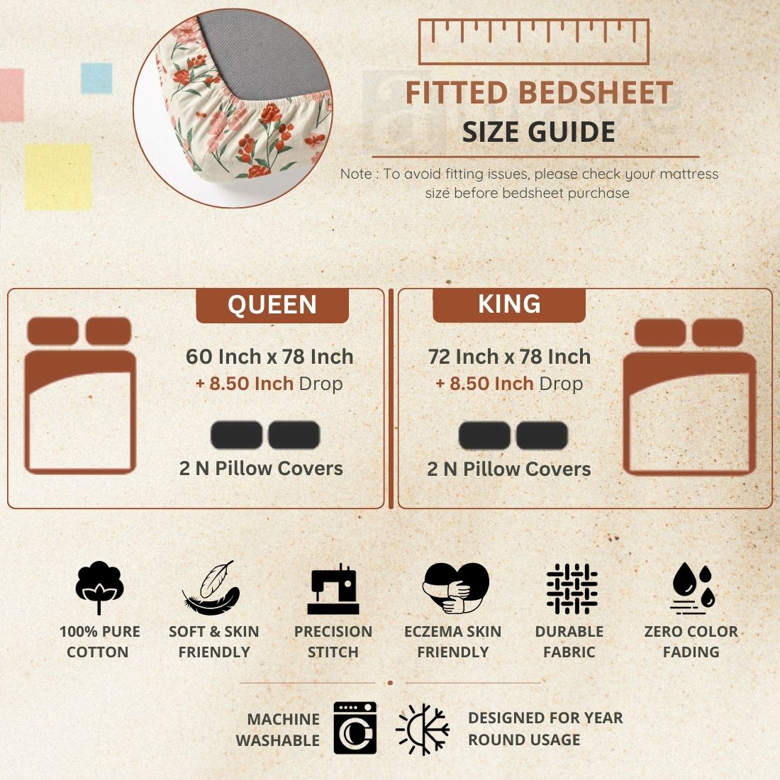 Fitted bedsheet size guide with measurements and features on a textured beige background