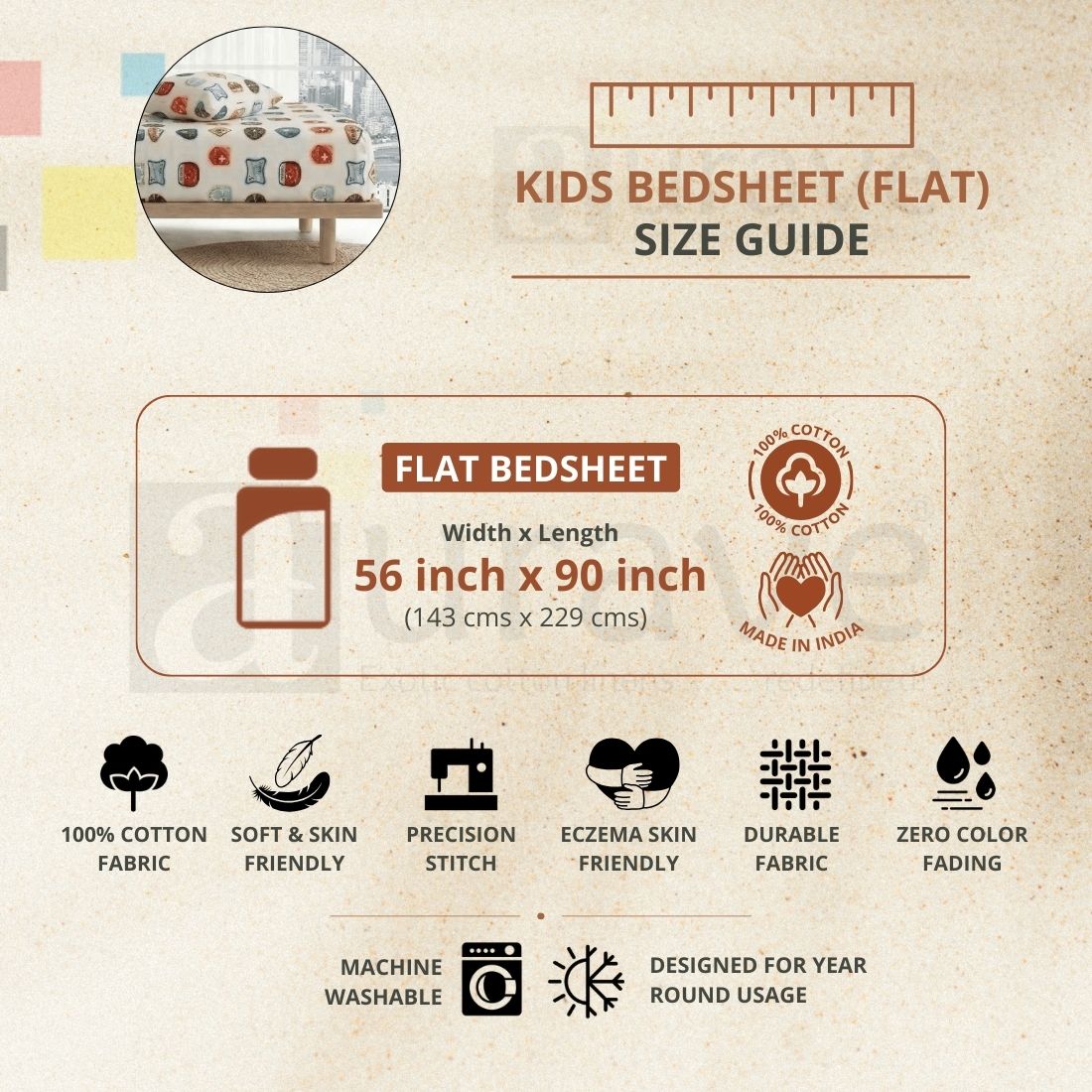 Kids single flat bedsheet size guide infographic by AURAVE showing dimensions 58x94 inches and features like 100% skin-friendly cotton