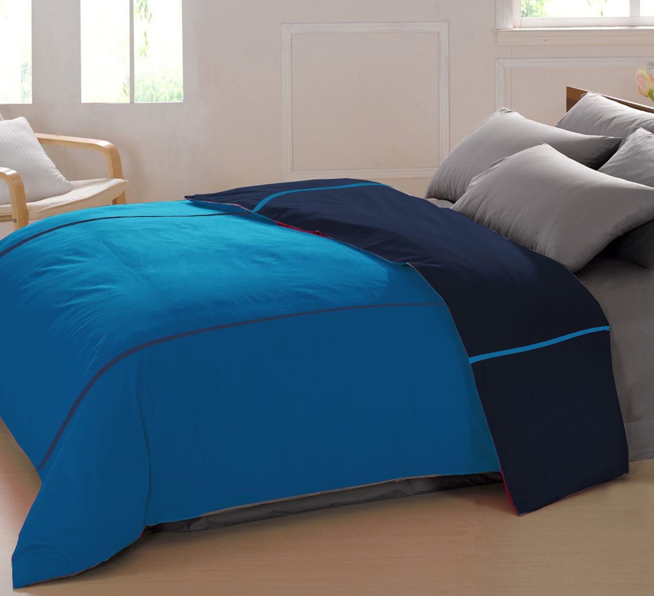 Soft Plain 210 Mercerised Cotton Duvet Cover In Turqoise Blue & Navy Blue Online At Best Prices