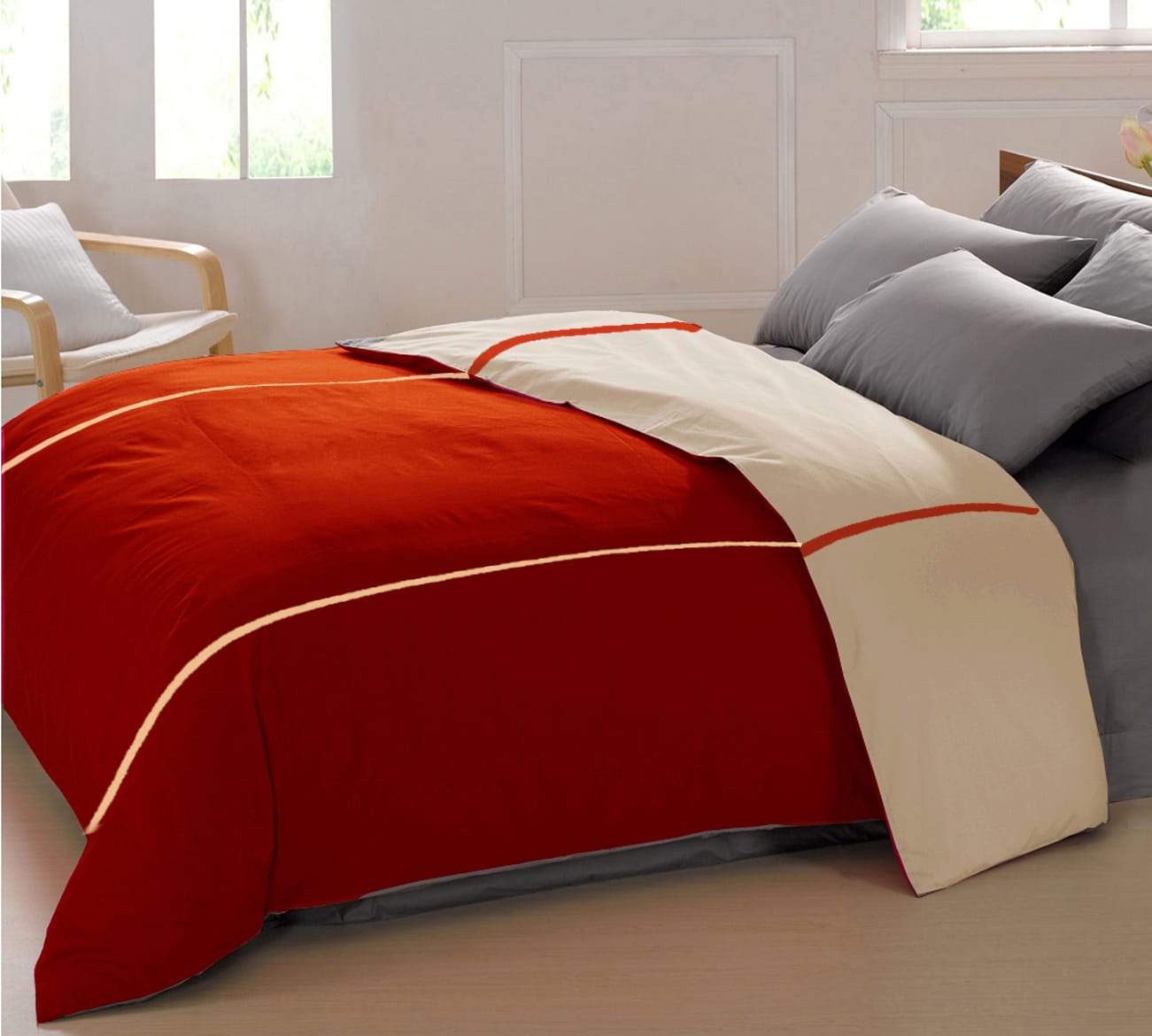 Soft Plain 210 Mercerised Cotton Duvet Cover In Rust & Beige Online At Best Prices