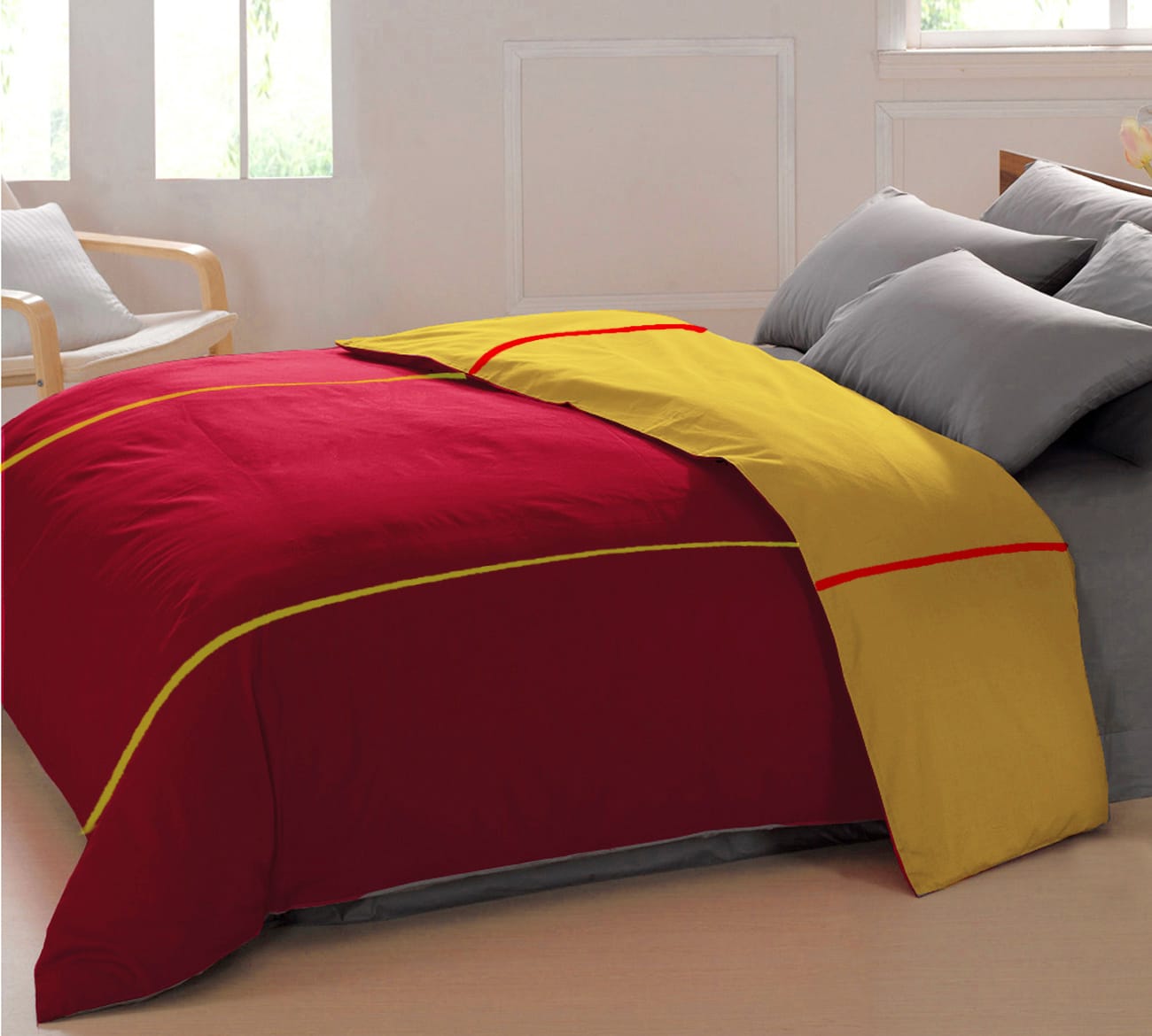Soft Plain 210 Mercerised Cotton Duvet Cover In Maroon & Mustard Online At Best Prices