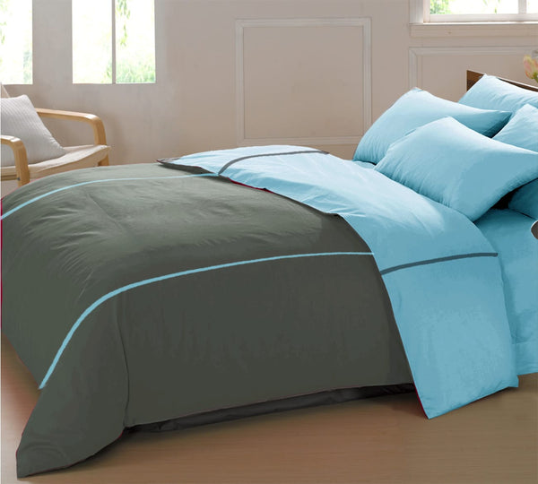 Soft Plain 210 Mercerised Cotton Duvet Cover In Sky Blue & Grey Online At Best Prices