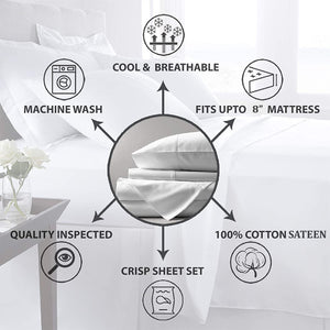 cotton sateen bedsheet set on a bed with icons showing features