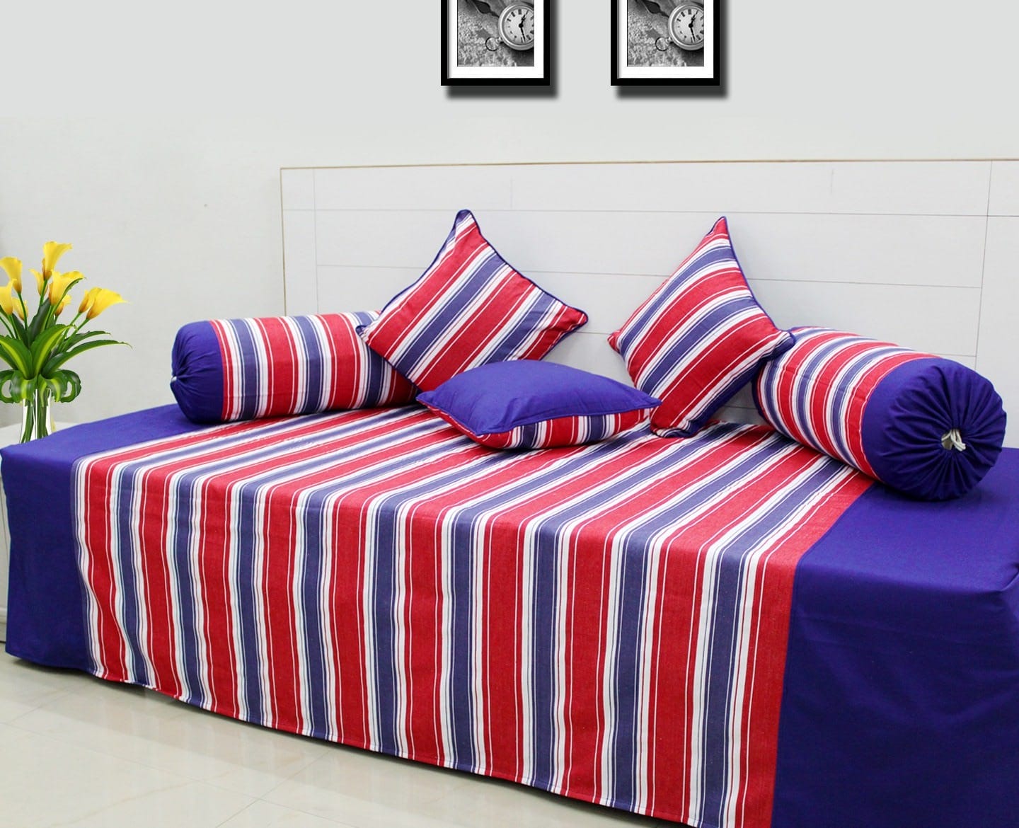 Soft Stripe Print Mercerised Woven Cotton Diwan Set(6 Pcs) online in India