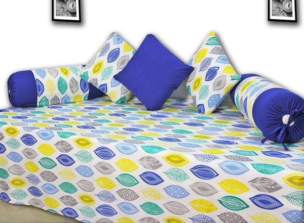 Designer Blue Cotton Print Leaf 210 TC Diwan Set(6 Pcs) online in India