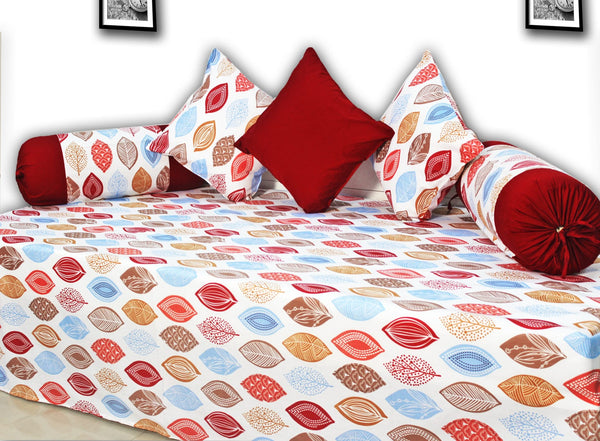 Designer Pink Cotton Print Leaf 210 TC Diwan Set(6 Pcs) online in India