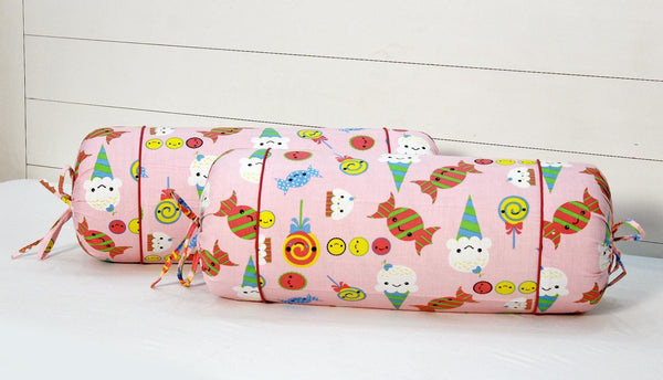 Stylish Pink Multicolor Funky Print Cotton Bolster Cover Set (2Pcs) Online In India