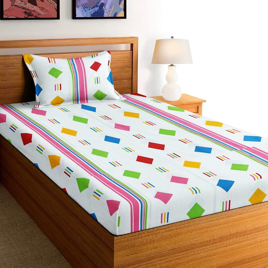 Soft Cotton Digital Print Single Fitted Bedsheet For Kids In Pink At Best Prices
