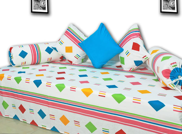 Designer Pink Cotton Print Geometrical 210 TC Diwan Set(6 Pcs) online in India