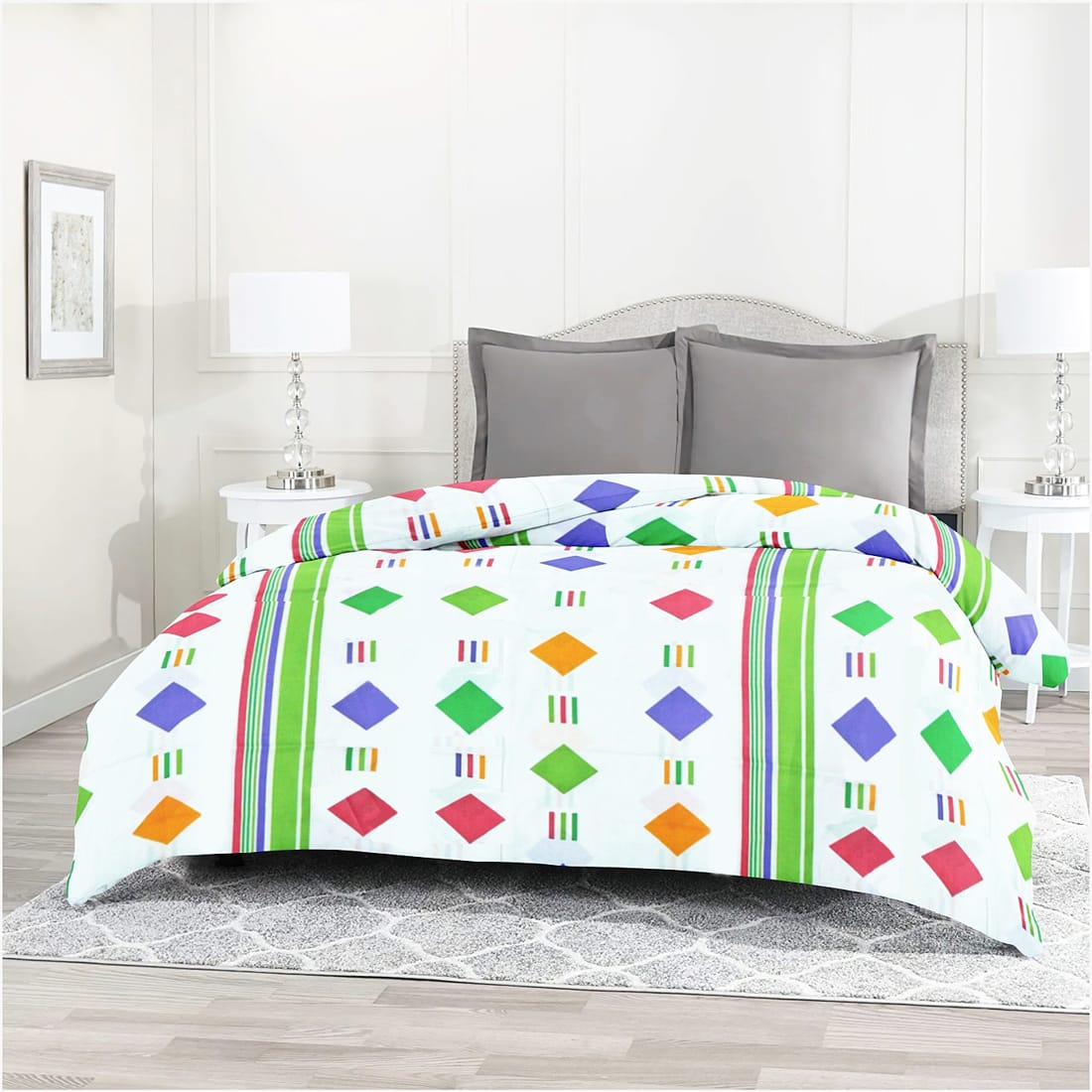 Printed Green Stripes Geometrical Squares Cotton Duvet Cover with Zipper