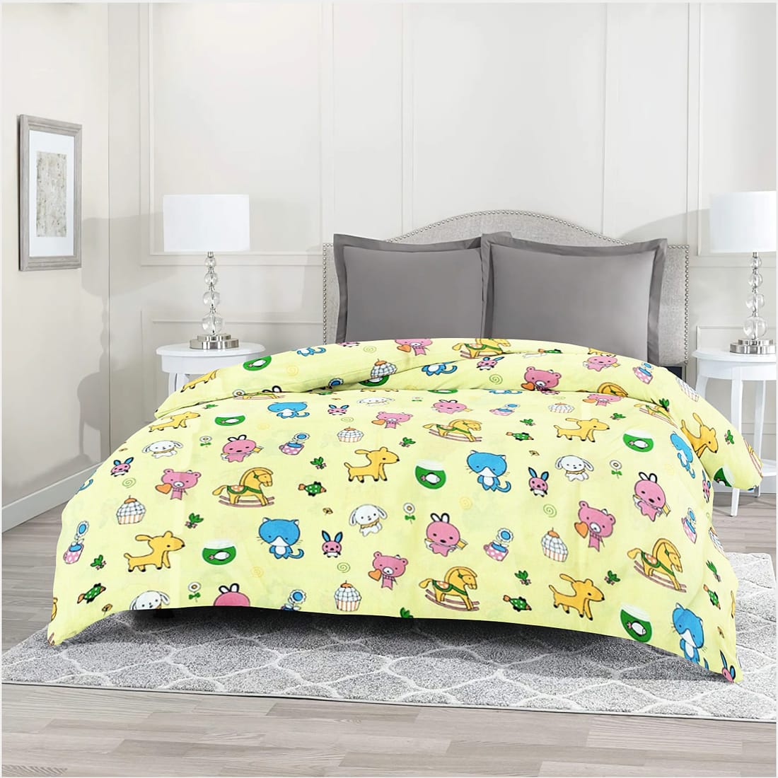 Kids Funky Teddy Print Single Bed Cotton Duvet Cover with Zipper in Yellow online (1pc)