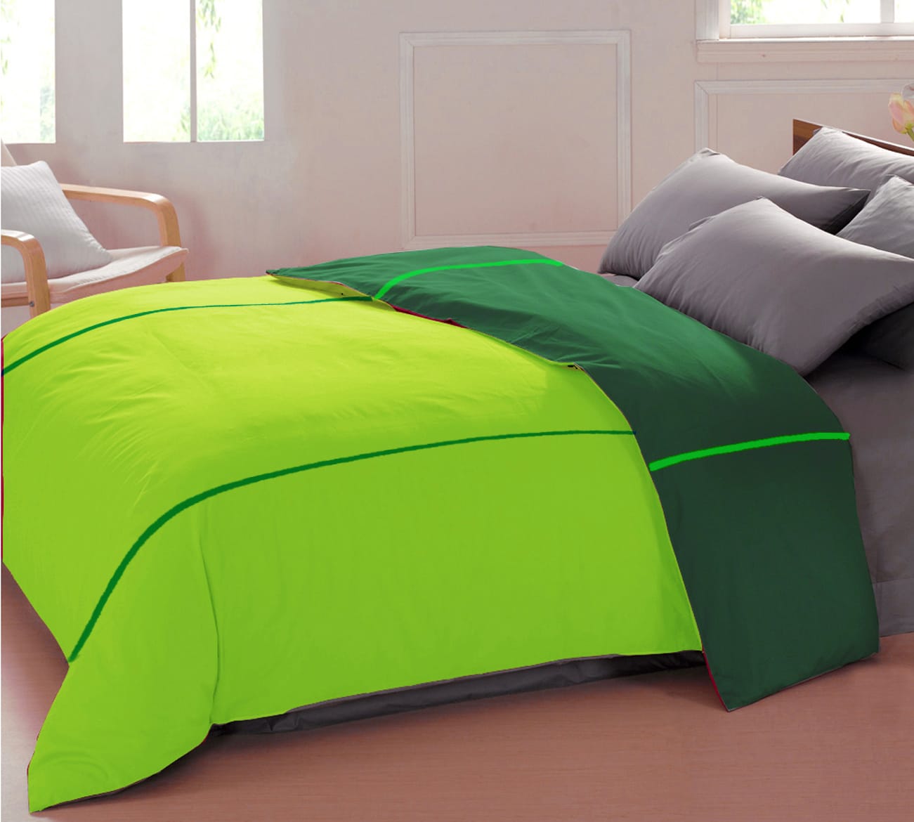 Soft Plain 210 Mercerised Cotton Duvet Cover In Bottle Green & Fluorescent Green Online At Best Prices