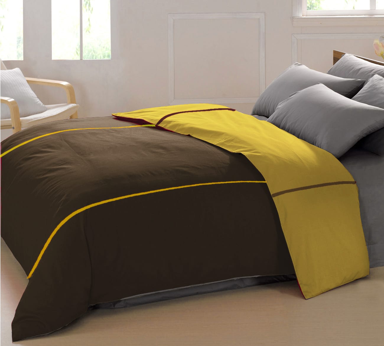 Soft Plain 210 Mercerised Cotton Duvet Cover In Coffee Brown & Mustard Online At Best Prices