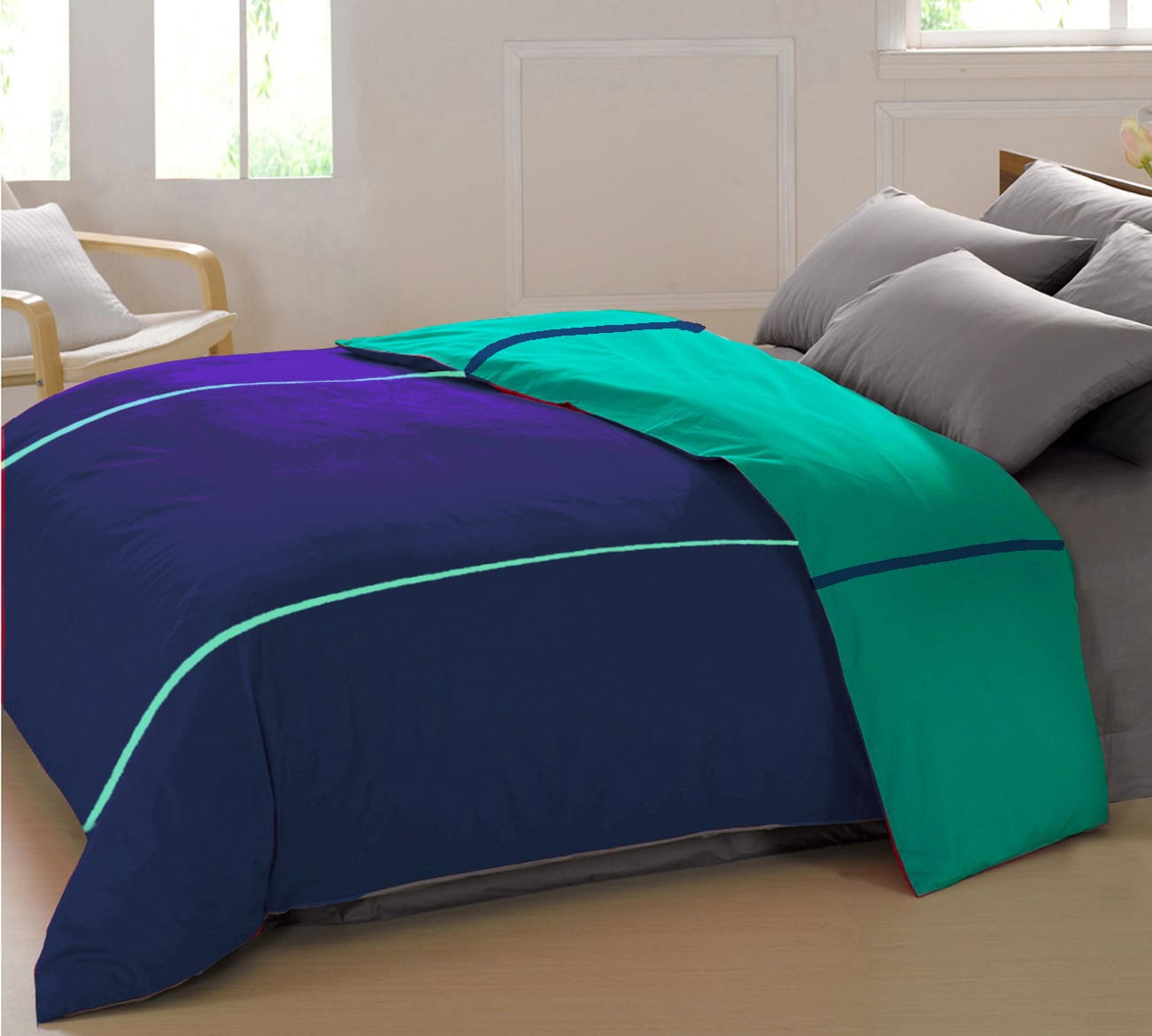 Soft Plain 210 Mercerised Cotton Duvet Cover In Marine Blue & Aqua Green Online At Best Prices