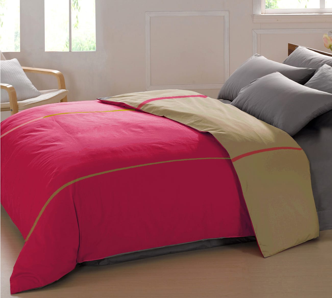 Soft Plain 210 Mercerised Cotton Duvet Cover In Magenta & khaki Online At Best Prices