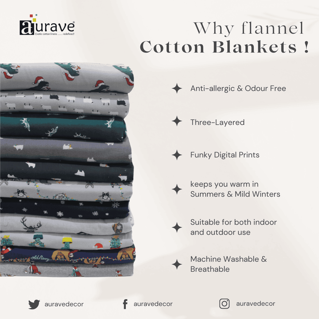 Cozy 3 layer Digital Print Cotton Flannel Blanket In Green Online At Best prices