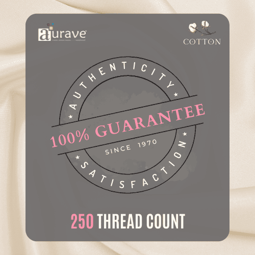 Guarantee label showing 100% authenticity, satisfaction, and 250 thread count for Aurave cotton product
