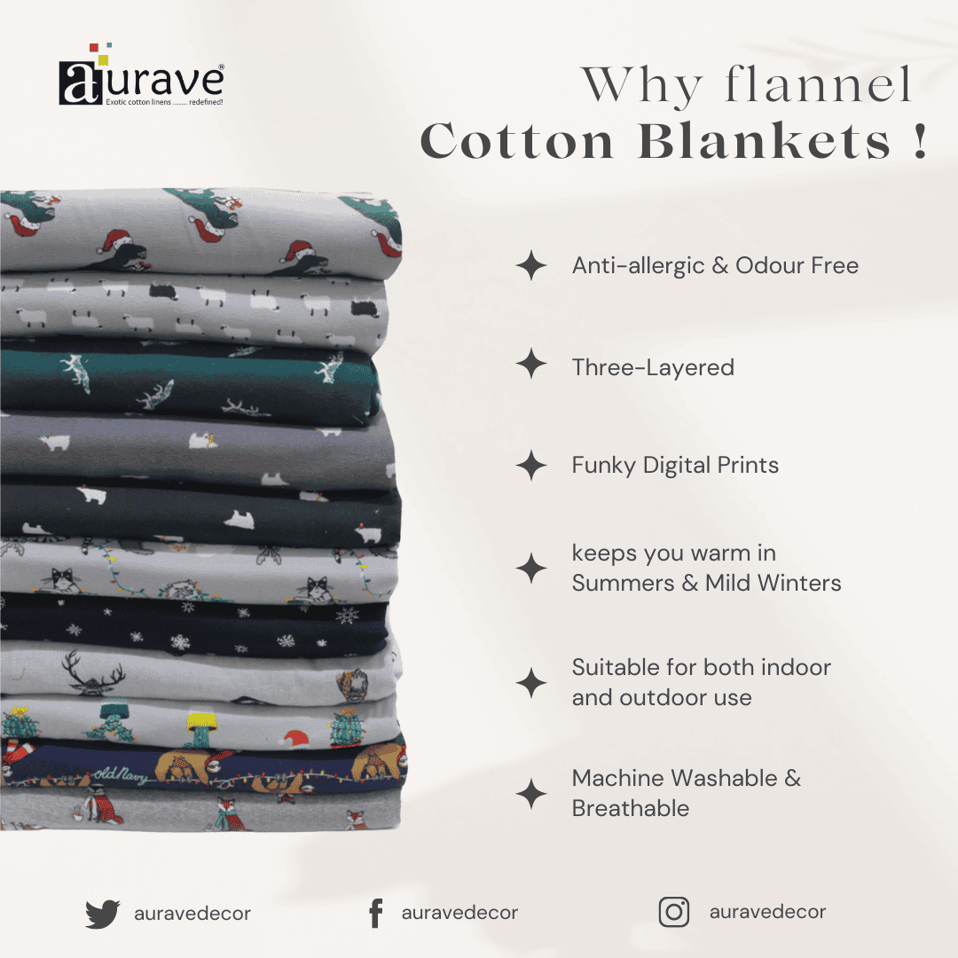 Cozy 3 layer Digital Print Cotton Flannel Blanket In Navy Blue Online At Best prices