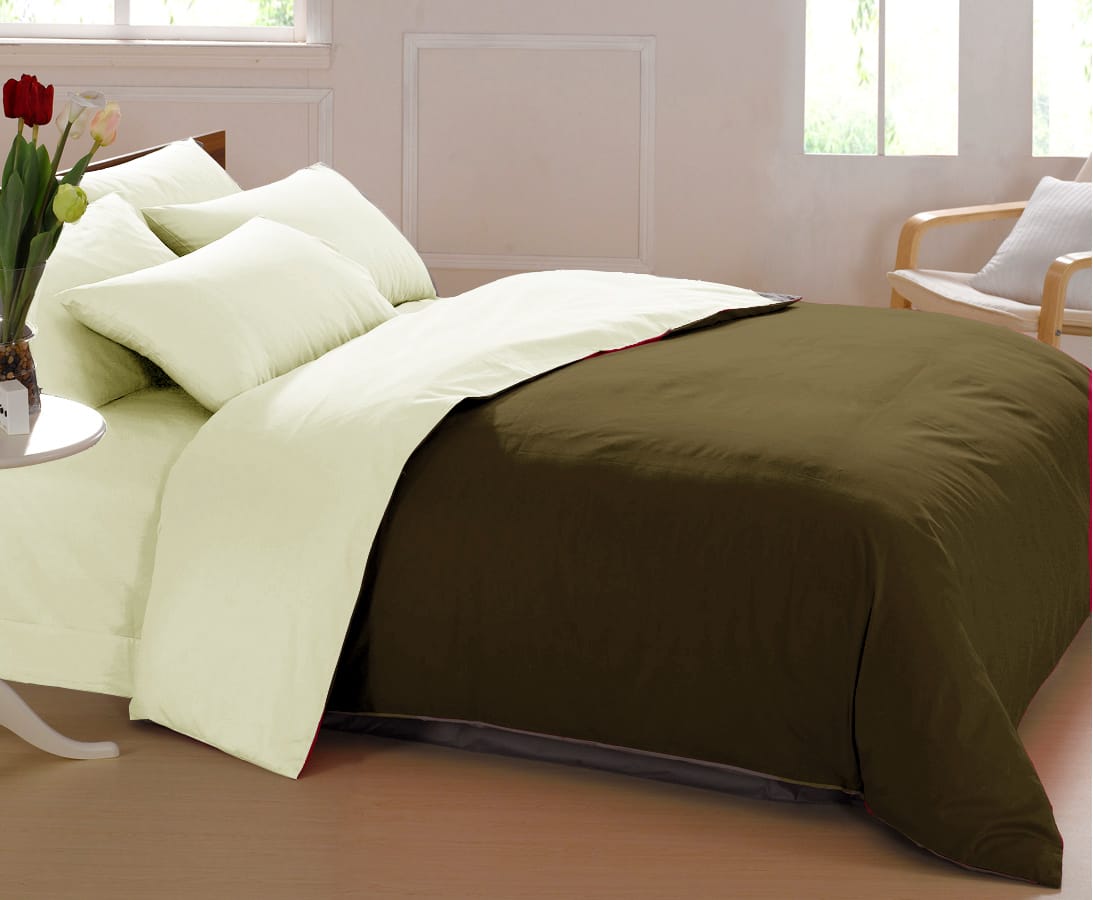Plain 400 TC Luxurious Cotton Satin Duvet Cover in Cream & Mehendi Green  online in India