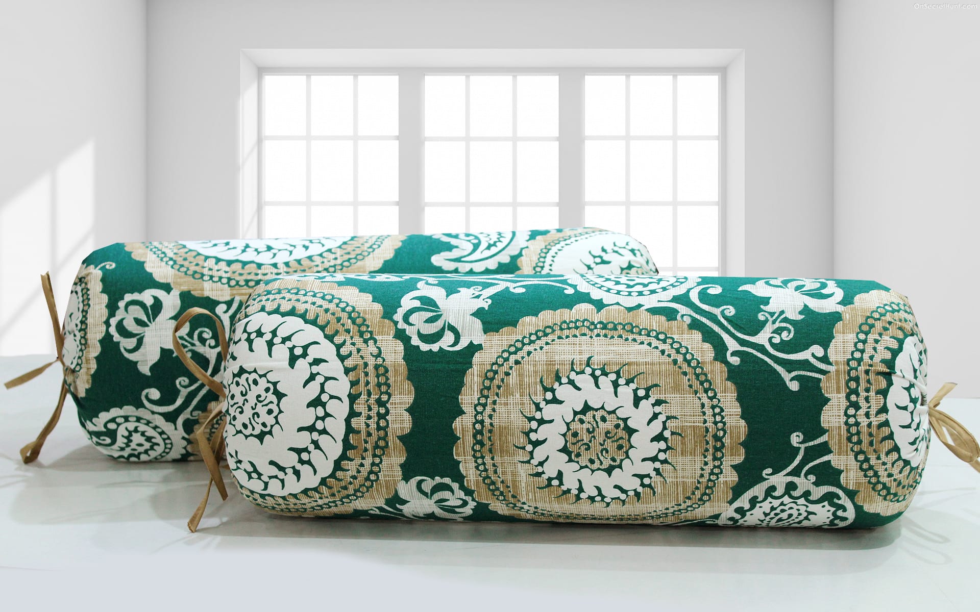 Traditional Woven Cotton Green & Brown 2 Pcs Bolster Cover set