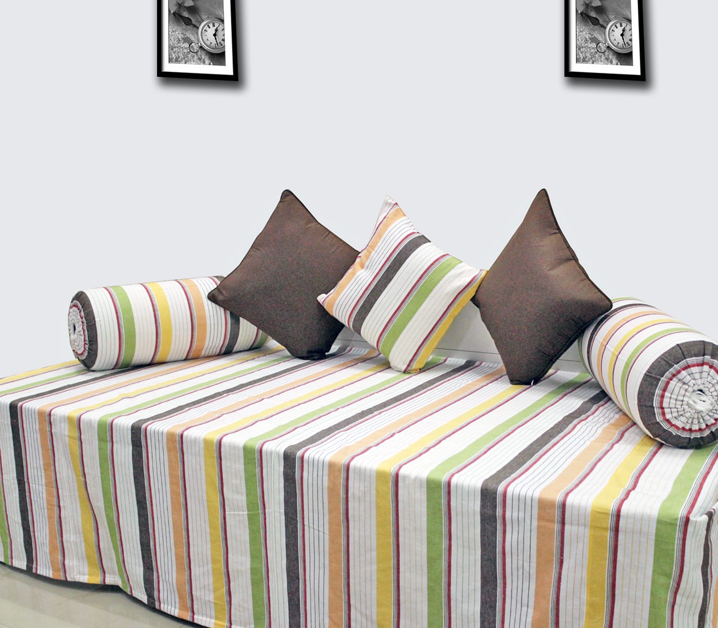 Soft Stripe Print Mercerised Woven Cotton Diwan Set(6 Pcs) online in India