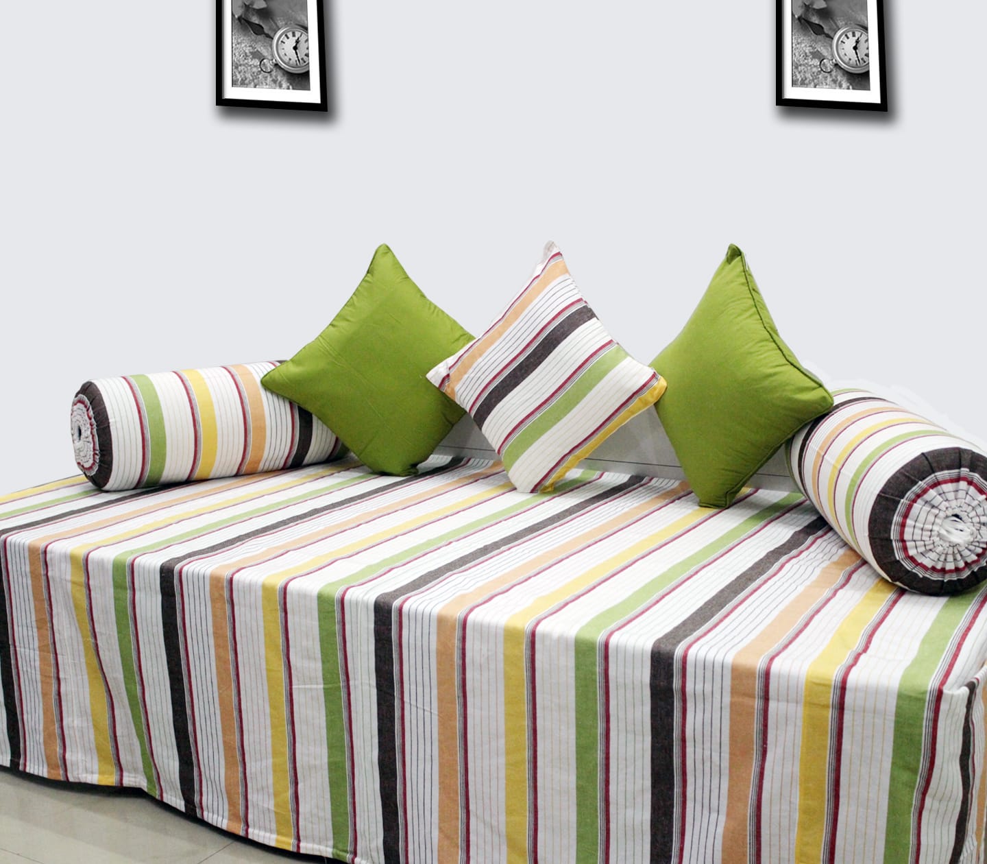 Soft Stripe Print Mercerised Woven Cotton Diwan Set(6 Pcs) online in India