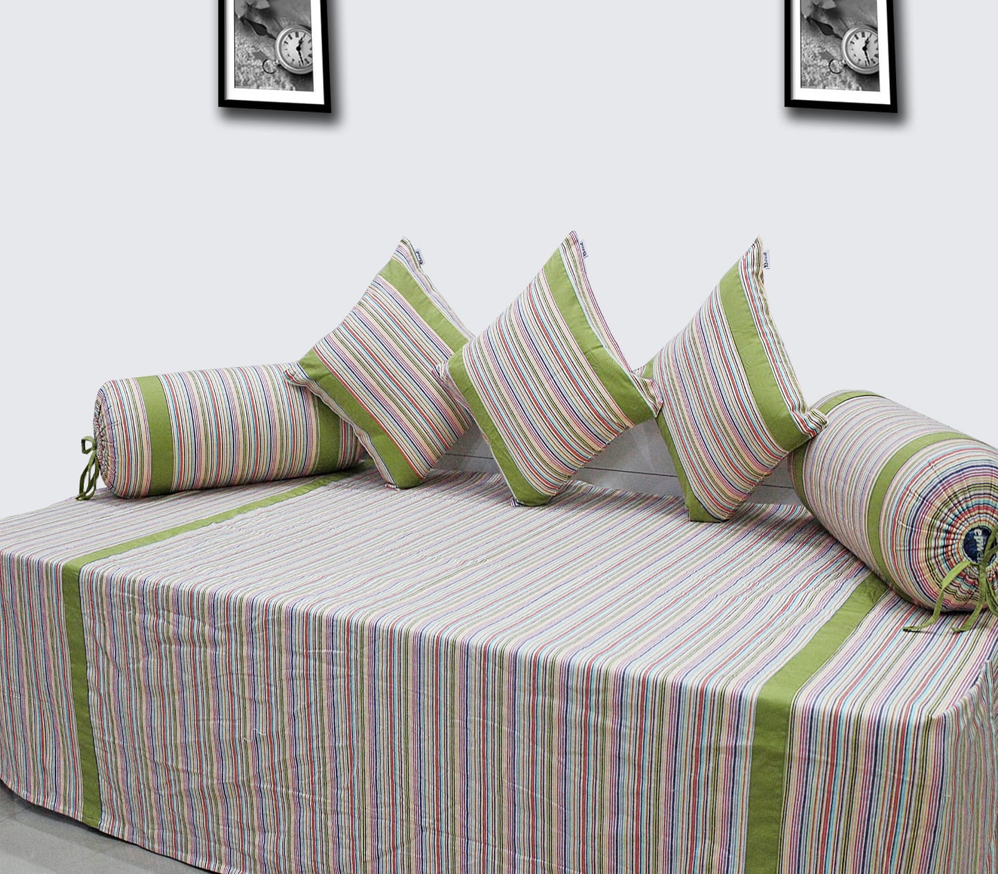 Soft Stripe Print Mercerised Woven Cotton Diwan Set(6 Pcs) online in India
