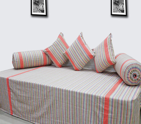 Soft Stripe Print Mercerised Woven Cotton Diwan Set(6 Pcs) online in India