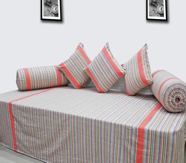 Mercerised Woven Cotton Stripes 6 Pcs Diwan Set - Multicolor