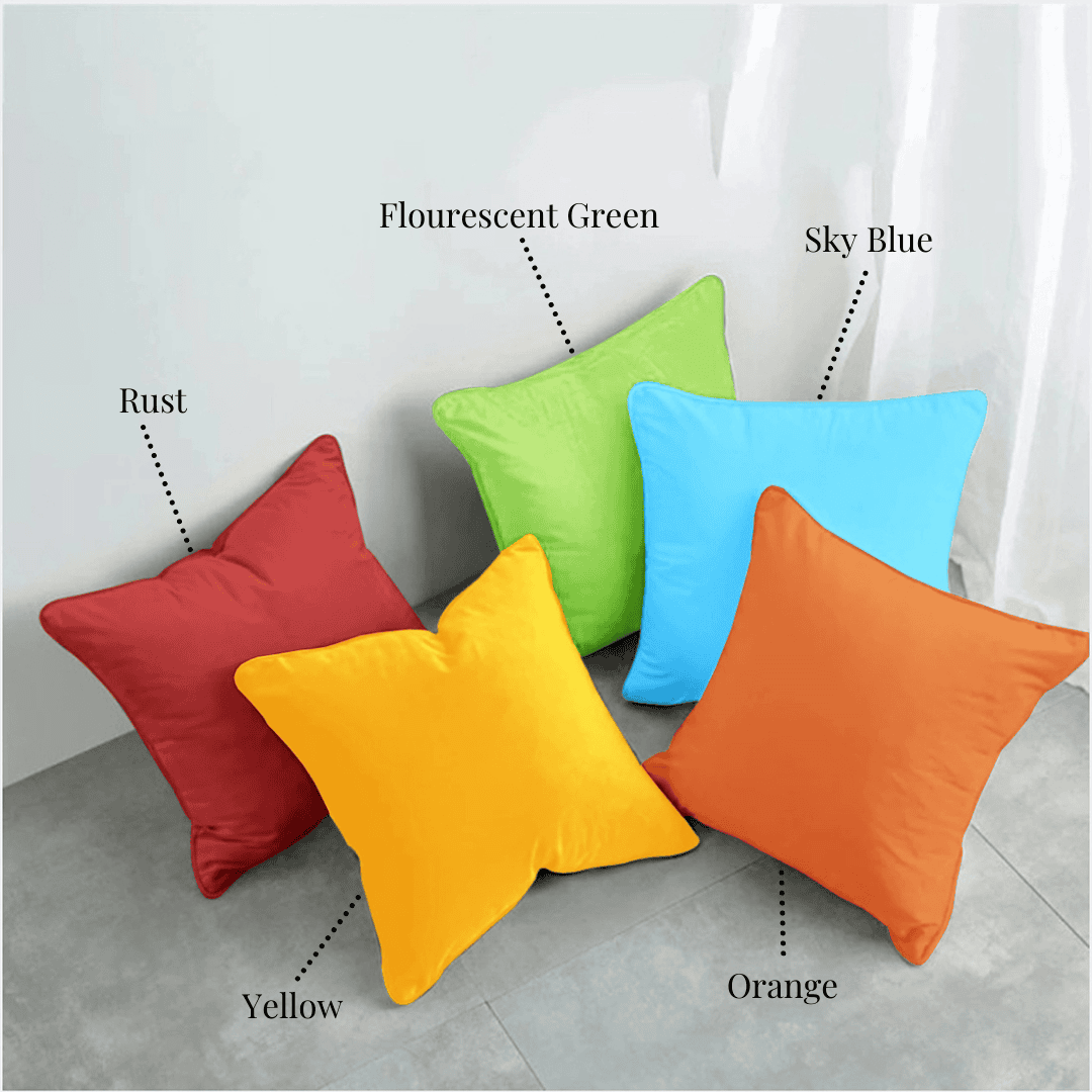 Set of 5 cotton cushion covers in rust, yellow, fluorescent green, sky blue, and orange colors