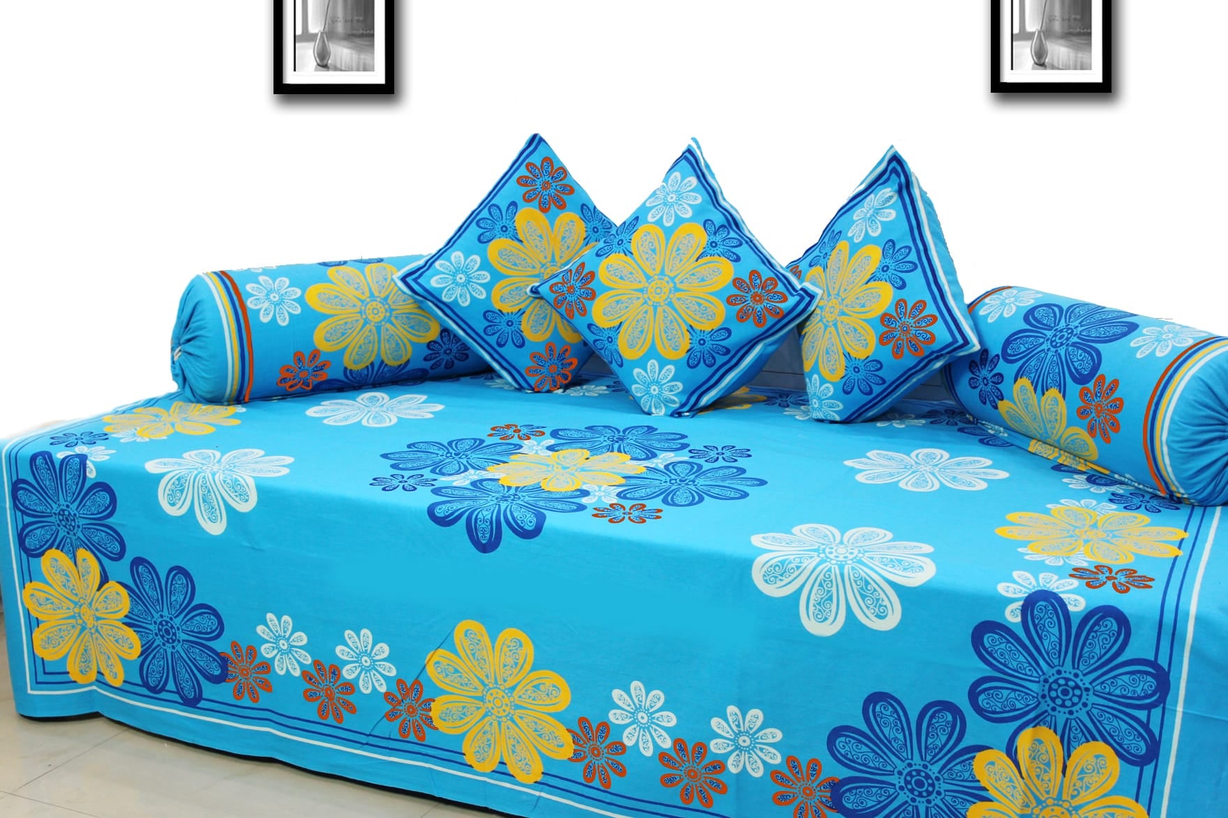 Designer Blue Printed Festive Colors Diwan Set(6 Pcs) online in India 