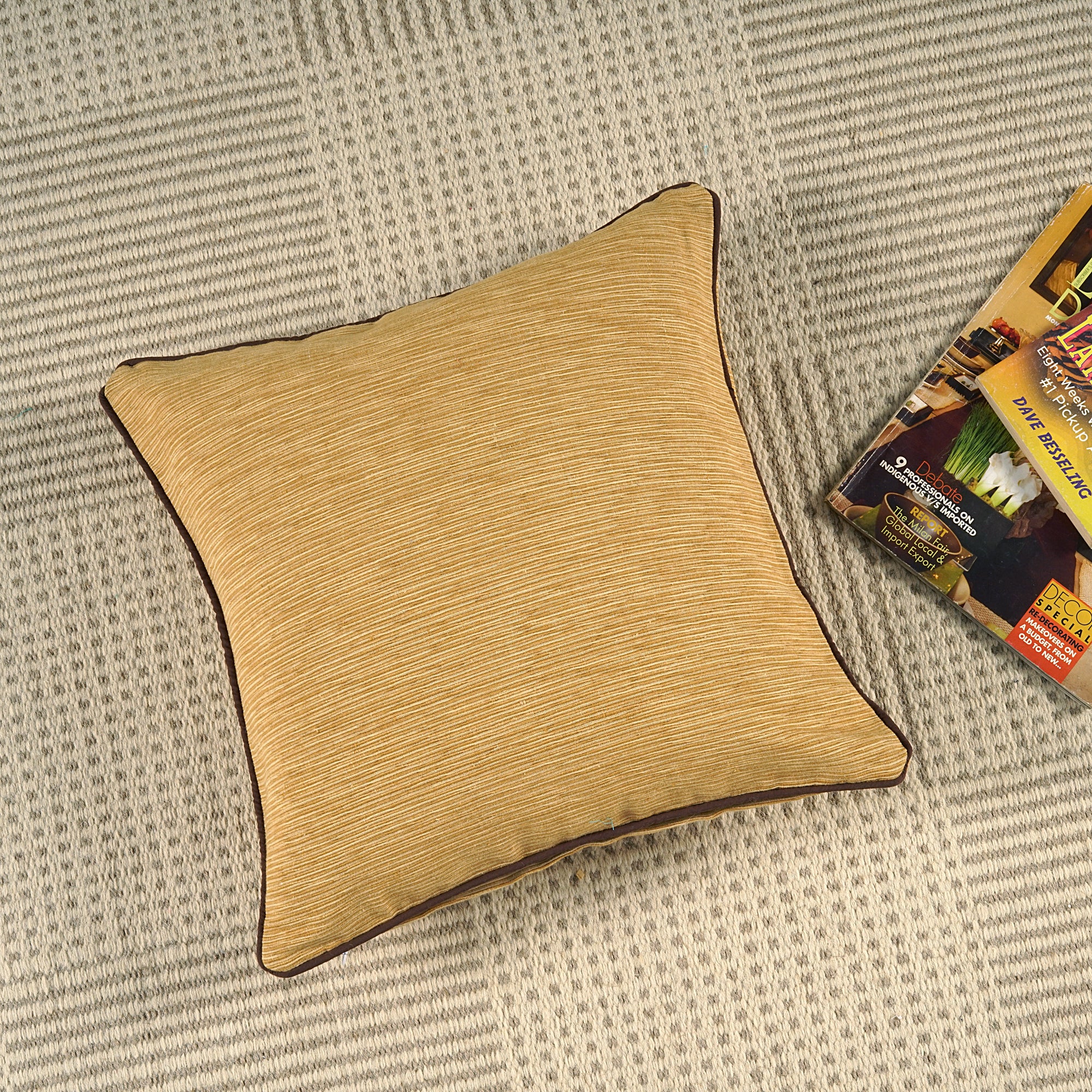 Soft Woven Corded Stripe Cotton Cushion Cover Set in Mehndi & Gold online (1Pc)