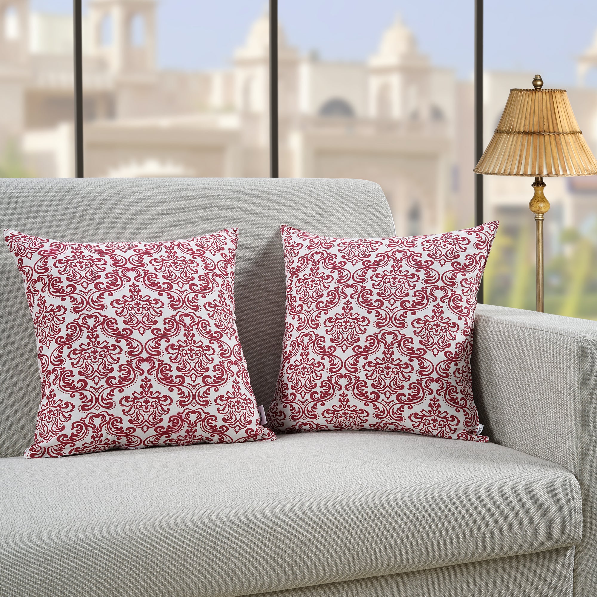 Soft Damask print Maroon Cotton Cushion Cover Set online in India