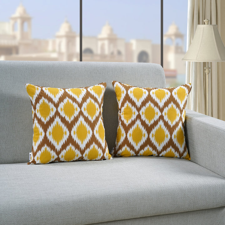 Soft Ikat print Mustard Cotton Cushion Cover Set online in India