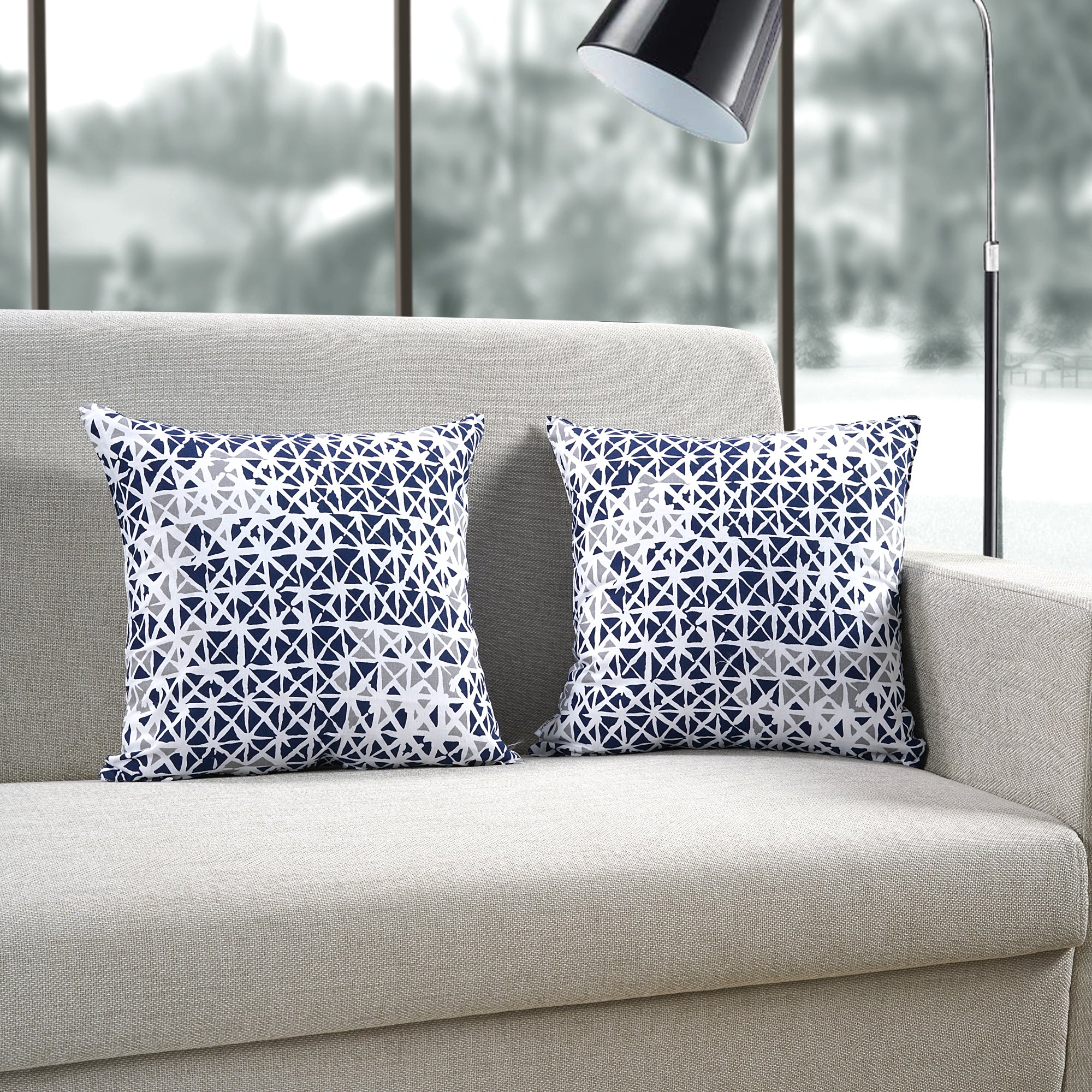 Soft Geometrical print Blue & Grey Cotton Cushion Cover Set online in India