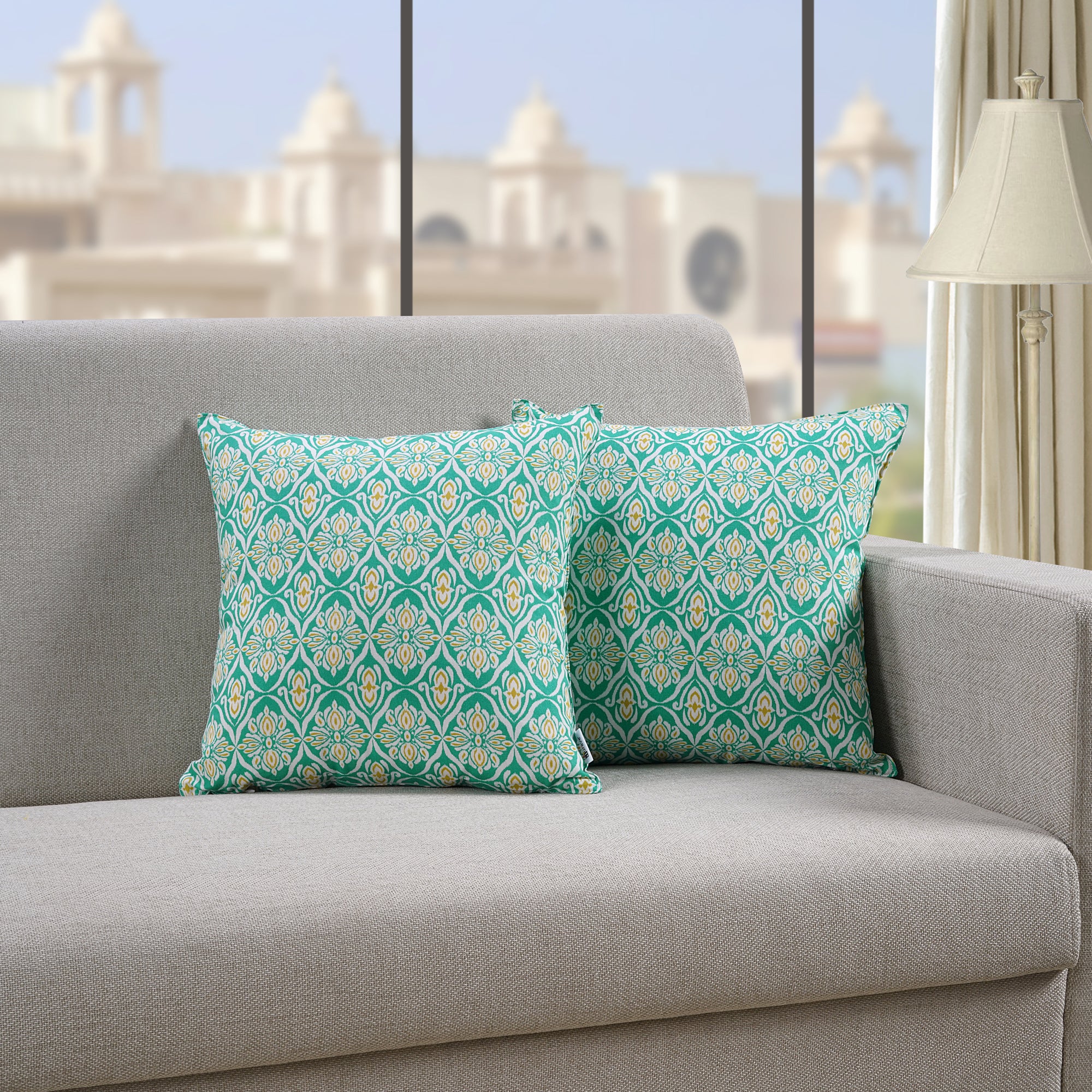 Soft Ikat print Aqua Cotton Cushion Cover Set online in India