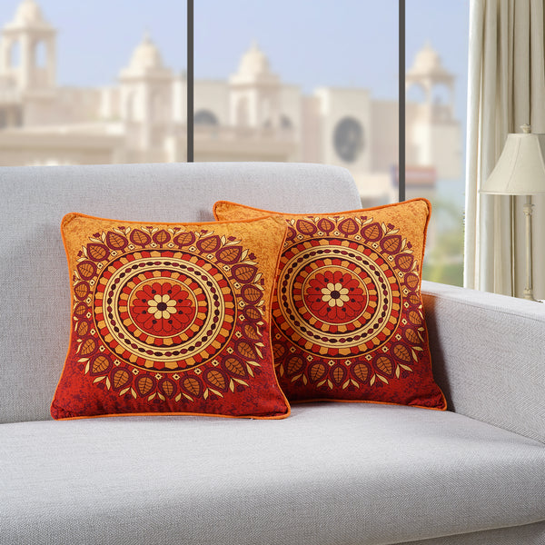 Soft Digital Traditional print Cotton Cushion Cover in Red & Orange online at best prices 