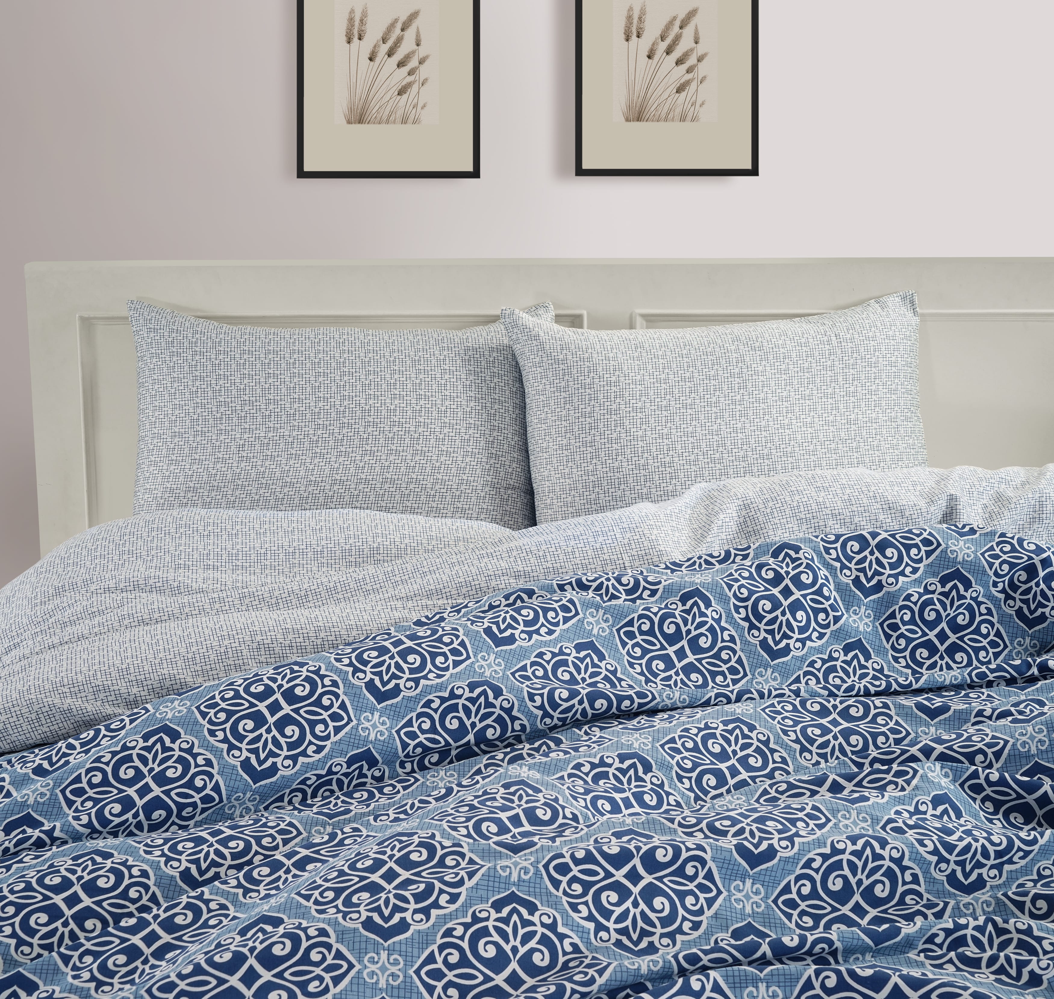 Soft Blue Modern Art 300 TC Cotton Satin Bedsheet online in India