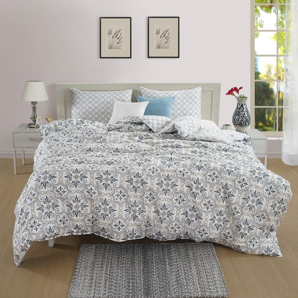 Soft 300 TC Blue Traditional Floral Print Cotton Satin Duvet Cover online in India