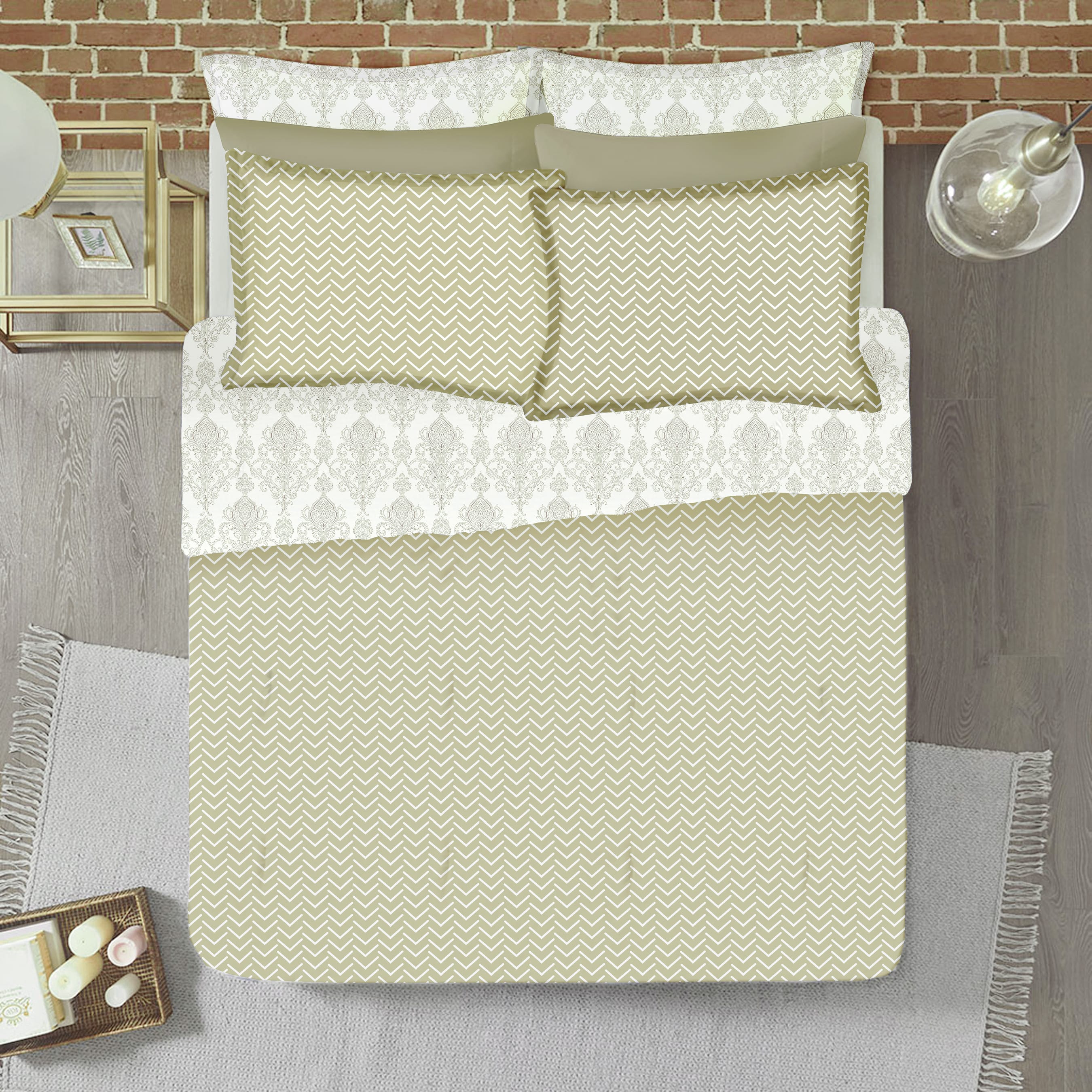 Soft Cotton Printed 250 TC Geometrical Fitted Bedsheet In Beige At Best Prices