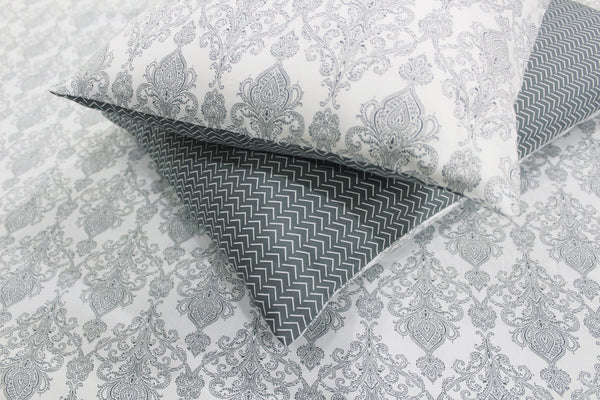 Soft Cotton Printed 250 TC Motif Satin Fitted Bedsheet In Grey At Best Prices