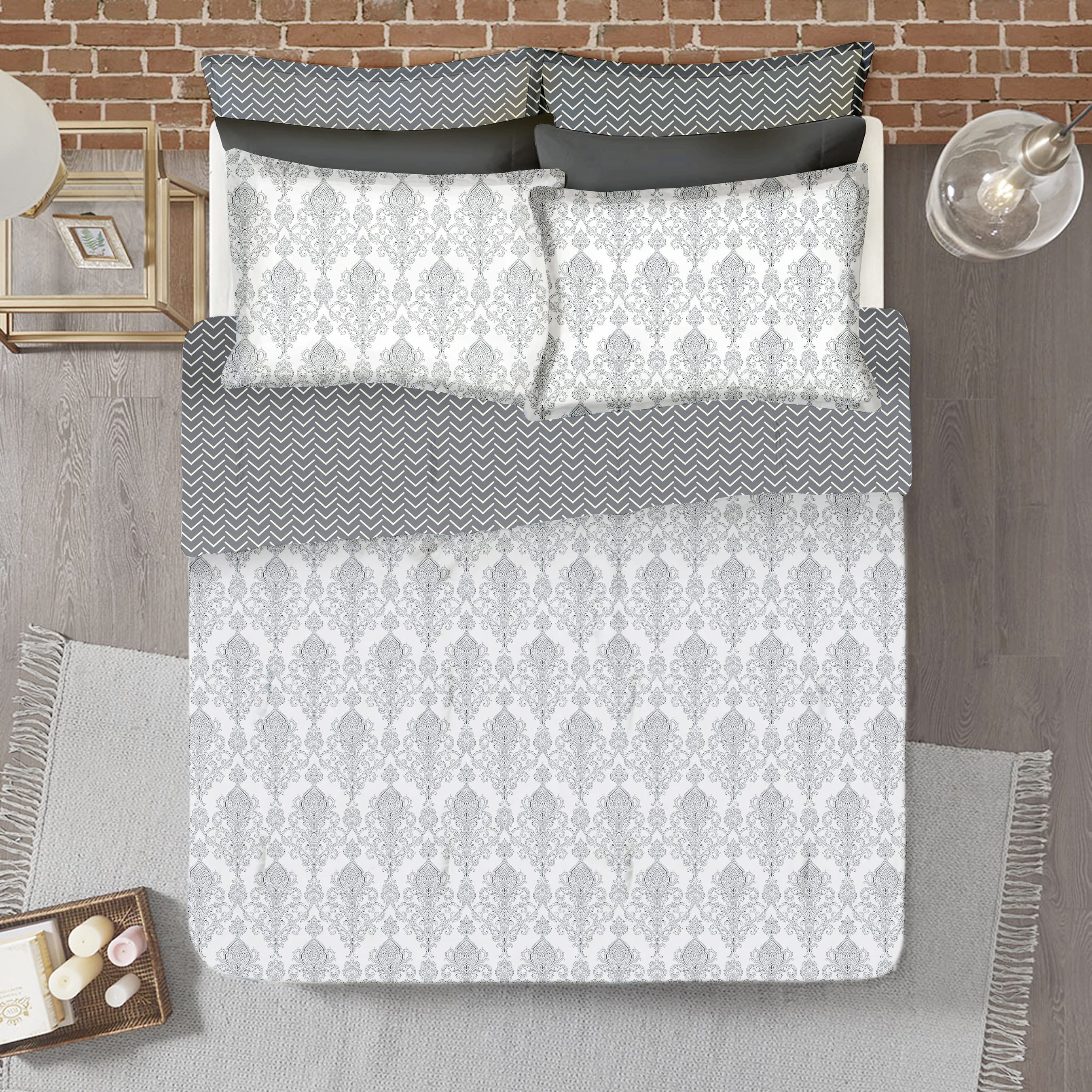 Soft Cotton Printed 250 TC Motif Satin Fitted Bedsheet In Grey At Best Prices