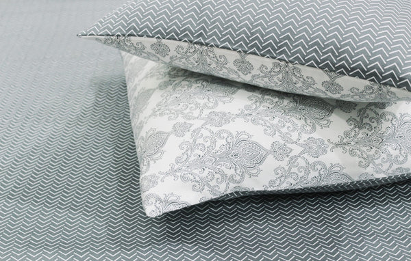 Soft Cotton Printed 250 TC Geometrical Satin Fitted Bedsheet In Grey At Best Prices