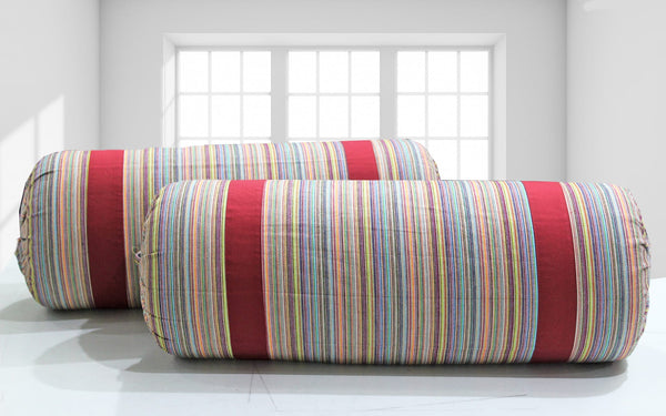 Multicolor Stripes Woven Cotton 2 Pcs Bolster Cover set - Maroon