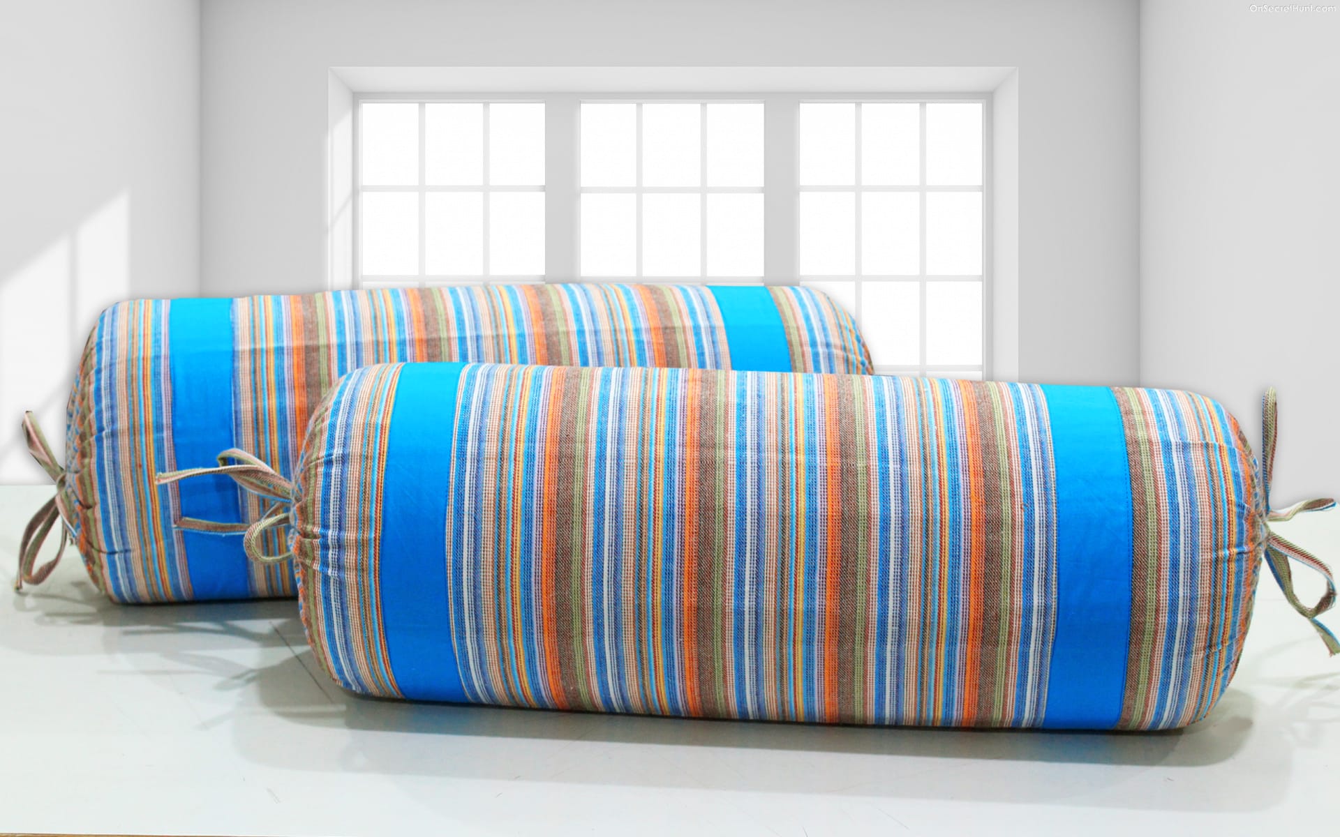 Multicolor Stripes Woven Cotton 2 Pcs Bolster Cover set - Blue