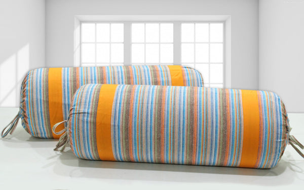 Multicolor Stripes Woven Cotton 2 Pcs Bolster Cover set - Orange